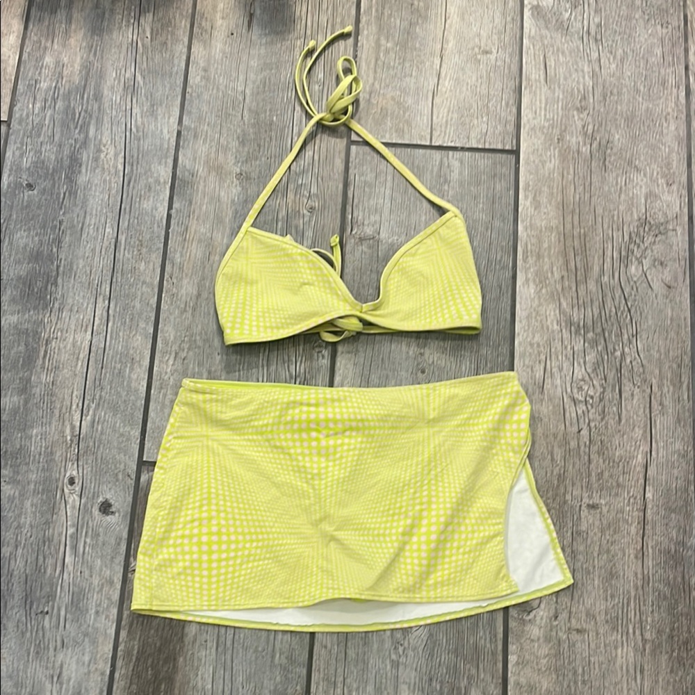 Frankie's Bikinis Lime Yellow Textured Halter Bikini Top with Skirted Bottom